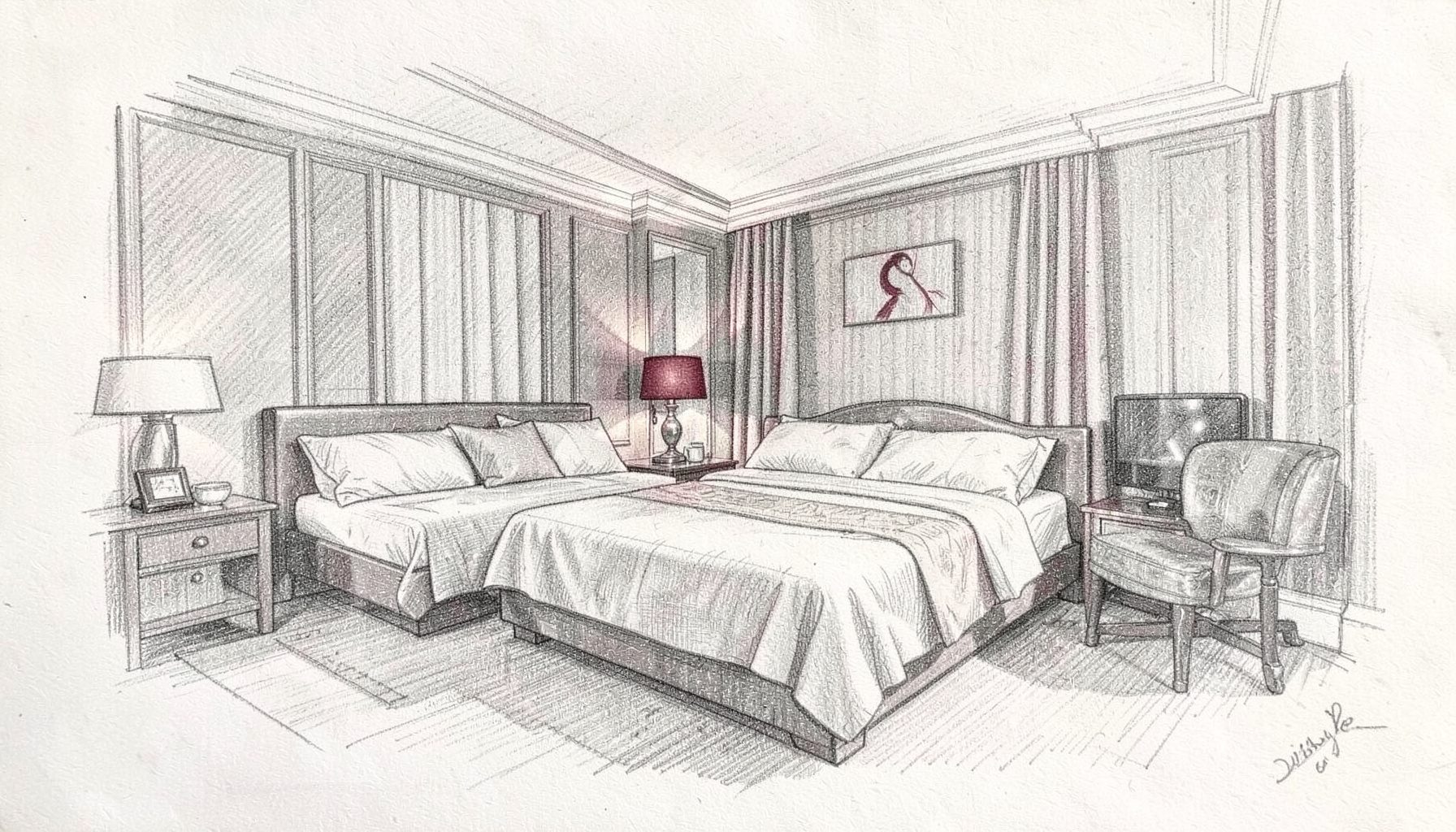 Bleistiftskizze eines stilisierten Hotelzimmers mit charaktervollem Interieur, sanfte Grau- und Sepiatöne