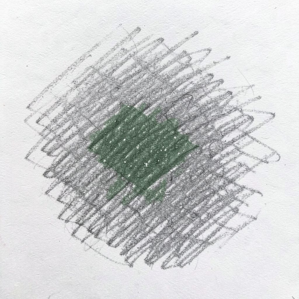 Graphitstift-Zeichnung eines luftigen Studios mit Textilien in sanften Erdtönen, weichen Indigoblautönen und warmem Cremeweiß